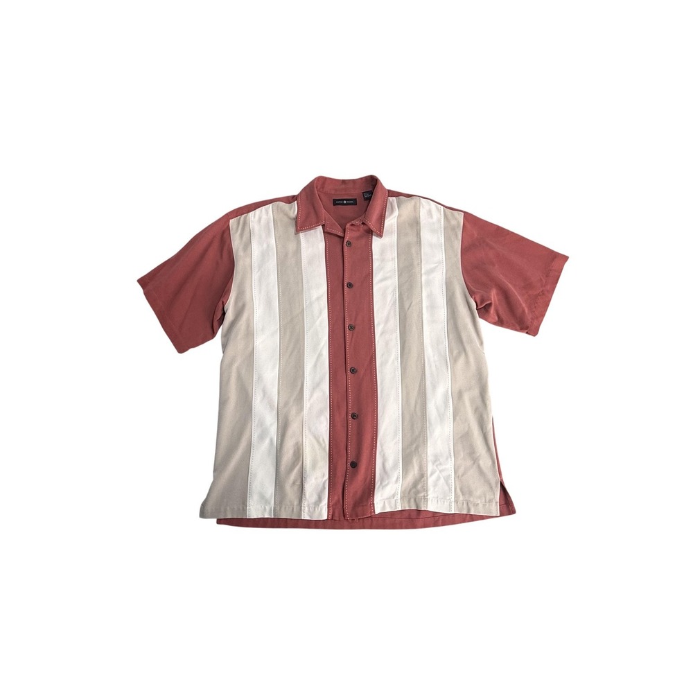 Cotton Traders Shirt Mens XL‎ Red Silk Vertical Stripe Short Sleeve Button Front